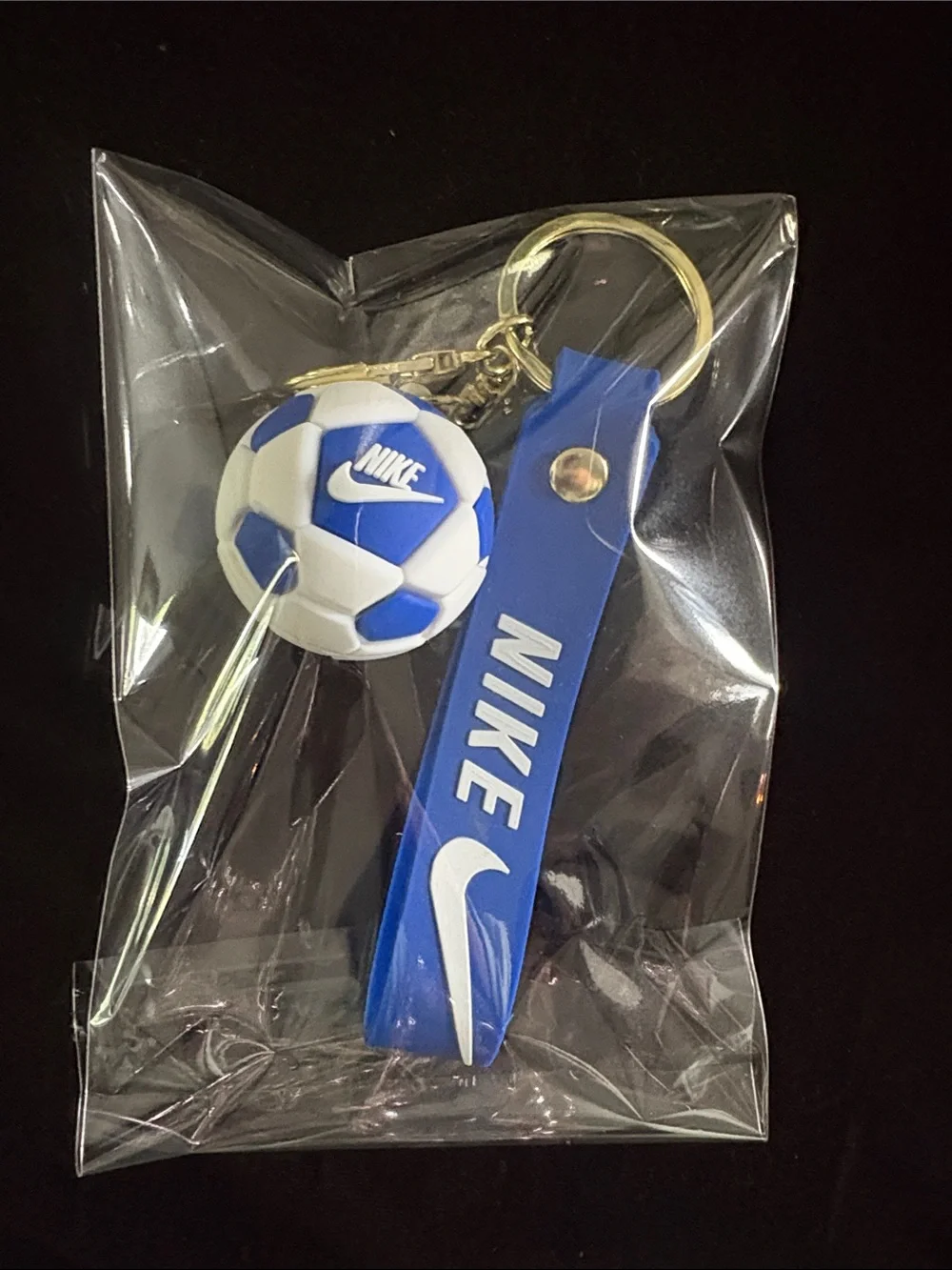 Blue and White Soccer Ball Keychain Bag Charm with Gold Ring